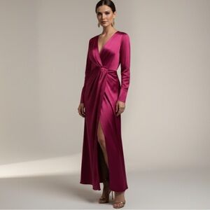 Banana Republic 100% Silk Long Sleeve High Slit Pink Maxi Dress Size 6